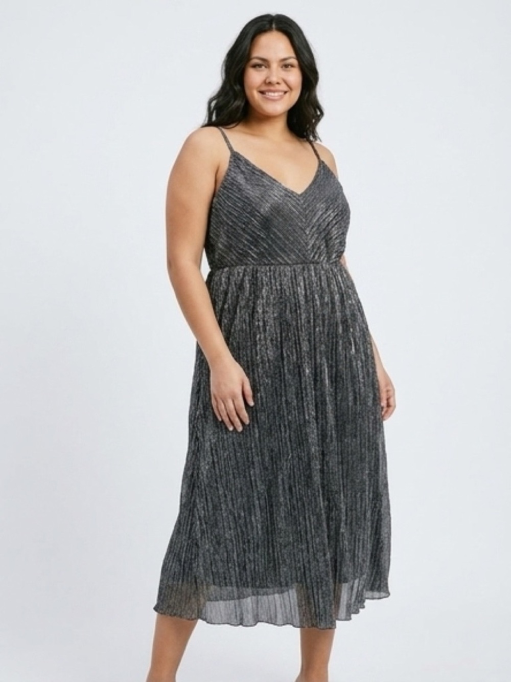 torrid Metallic Pleated V‑Neck Midi Dress - Black Silver